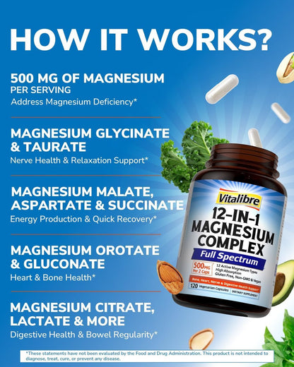 Vitalibre 12-in-1 Magnesium Komplex 500 mg | Hoch bioverfügbares cheliertes Magnesiumglycinat, Citrat, Malat & mehr für Knochen, Nerven & Verdauung | Nicht-GVO, vegan (120 Kapseln)