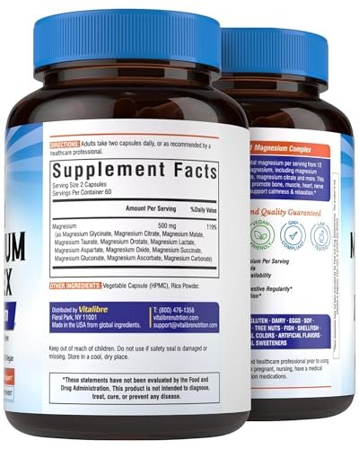 Vitalibre 12-in-1 Magnesium Komplex 500 mg | Hoch bioverfügbares cheliertes Magnesiumglycinat, Citrat, Malat & mehr für Knochen, Nerven & Verdauung | Nicht-GVO, vegan (120 Kapseln)