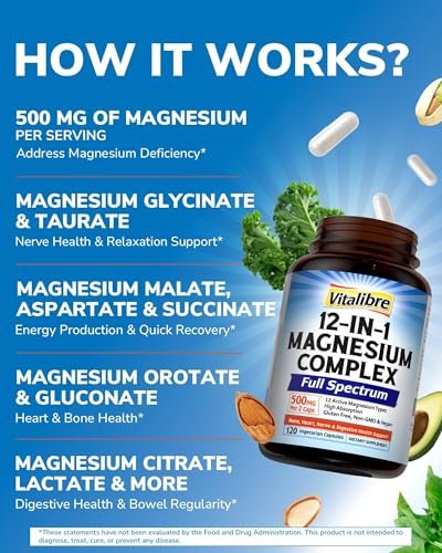 Vitalibre 12-in-1 Magnesium Komplex 500 mg | Hoch bioverfügbares cheliertes Magnesiumglycinat, Citrat, Malat & mehr für Knochen, Nerven & Verdauung | Nicht-GVO, vegan (120 Kapseln)
