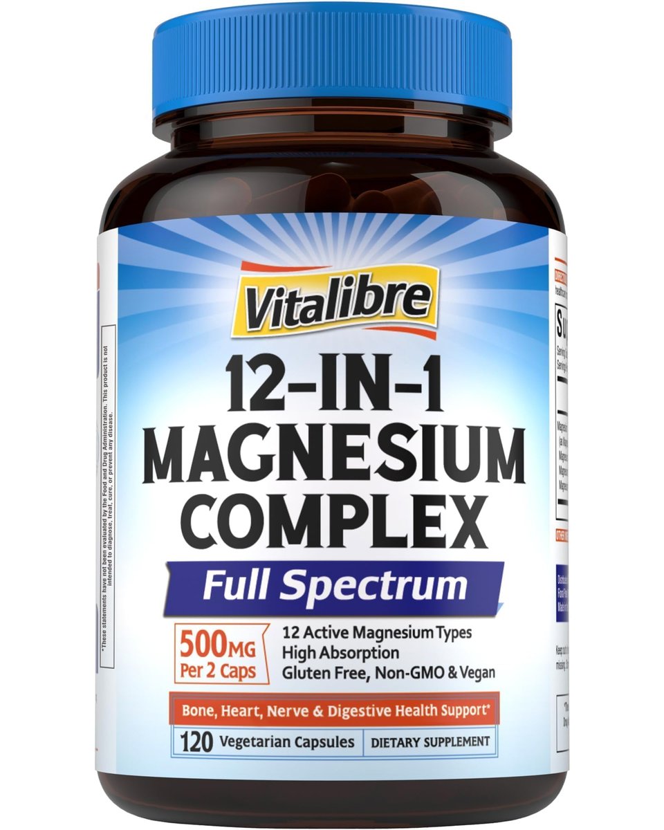 Vitalibre 12-in-1 Magnesium Komplex 500 mg | Hoch bioverfügbares cheliertes Magnesiumglycinat, Citrat, Malat & mehr für Knochen, Nerven & Verdauung | Nicht-GVO, vegan (120 Kapseln)