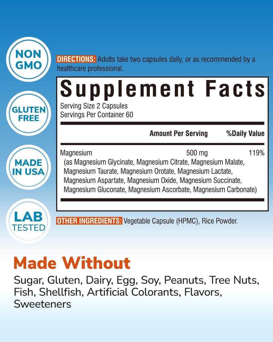Vitalibre 12-in-1 Magnesium Komplex 500 mg | Hoch bioverfügbares cheliertes Magnesiumglycinat, Citrat, Malat & mehr für Knochen, Nerven & Verdauung | Nicht-GVO, vegan (120 Kapseln)