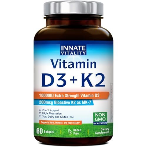 Innate Vitality Vitamin D3 K2 Komplex, Hochdosiertes Vitamin D3 10000 IE & Vitamin K2 (MK-7) 200 mcg, Unterstützt Knochen-, Zahn-, Herz- und Immunsystemgesundheit, Non-GMO, Glutenfrei, 60 Weichkapseln