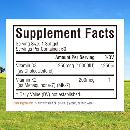 Innate Vitality Vitamin D3 K2 Komplex, Hochdosiertes Vitamin D3 10000 IE & Vitamin K2 (MK-7) 200 mcg, Unterstützt Knochen-, Zahn-, Herz- und Immunsystemgesundheit, Non-GMO, Glutenfrei, 60 Weichkapseln