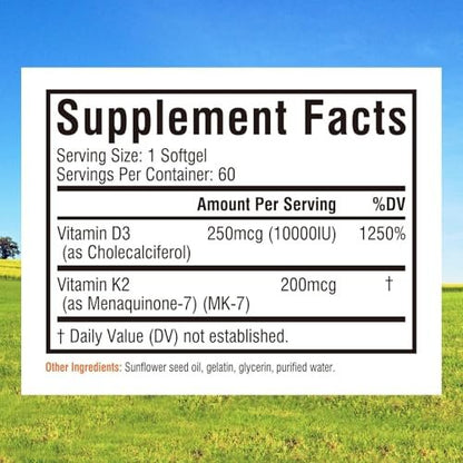 Innate Vitality Vitamin D3 K2 Komplex, Hochdosiertes Vitamin D3 10000 IE & Vitamin K2 (MK-7) 200 mcg, Unterstützt Knochen-, Zahn-, Herz- und Immunsystemgesundheit, Non-GMO, Glutenfrei, 60 Weichkapseln