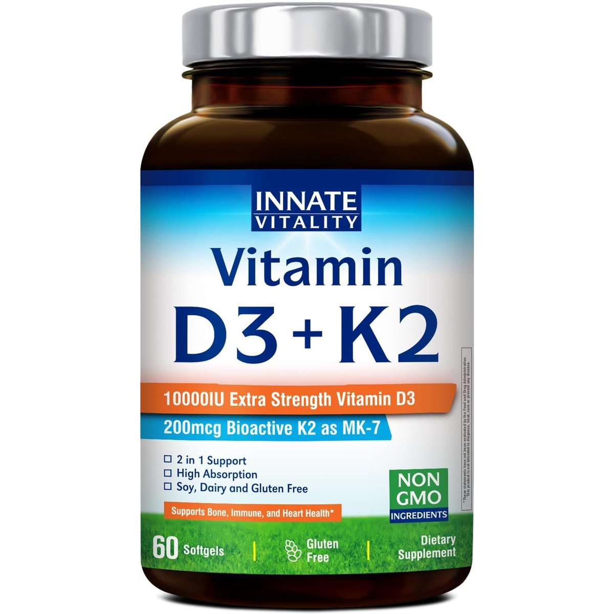 Innate Vitality Vitamin D3 K2 Komplex, Hochdosiertes Vitamin D3 10000 IE & Vitamin K2 (MK-7) 200 mcg, Unterstützt Knochen-, Zahn-, Herz- und Immunsystemgesundheit, Non-GMO, Glutenfrei, 60 Weichkapseln