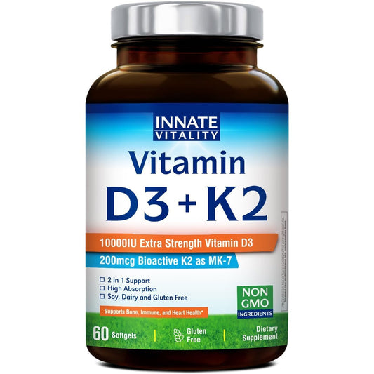 Innate Vitality Vitamin D3 K2 Komplex, Hochdosiertes Vitamin D3 10000 IE & Vitamin K2 (MK-7) 200 mcg, Unterstützt Knochen-, Zahn-, Herz- und Immunsystemgesundheit, Non-GMO, Glutenfrei, 60 Weichkapseln