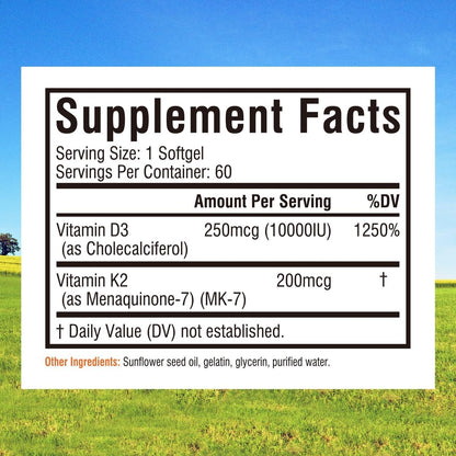 Innate Vitality Vitamin D3 K2 Komplex, Hochdosiertes Vitamin D3 10000 IE & Vitamin K2 (MK-7) 200 mcg, Unterstützt Knochen-, Zahn-, Herz- und Immunsystemgesundheit, Non-GMO, Glutenfrei, 60 Weichkapseln