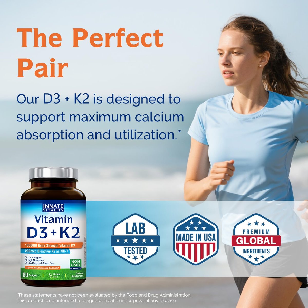 Innate Vitality Vitamin D3 K2 Komplex, Hochdosiertes Vitamin D3 10000 IE & Vitamin K2 (MK-7) 200 mcg, Unterstützt Knochen-, Zahn-, Herz- und Immunsystemgesundheit, Non-GMO, Glutenfrei, 60 Weichkapseln