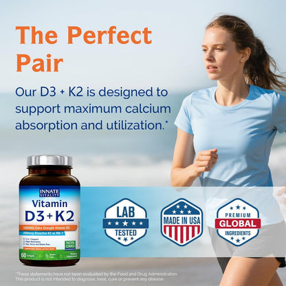 Innate Vitality Vitamin D3 K2 Komplex, Hochdosiertes Vitamin D3 10000 IE & Vitamin K2 (MK-7) 200 mcg, Unterstützt Knochen-, Zahn-, Herz- und Immunsystemgesundheit, Non-GMO, Glutenfrei, 60 Weichkapseln