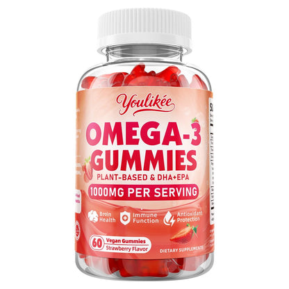 Vegane Omega-3 Gummies 1000mg – Pflanzliche Alternative zu Fischöl für Erwachsene, mit DHA 460mg & EPA 230mg, Vitamin A, C, E – Zuckerfrei, Erdbeergeschmack, 60 Stück
