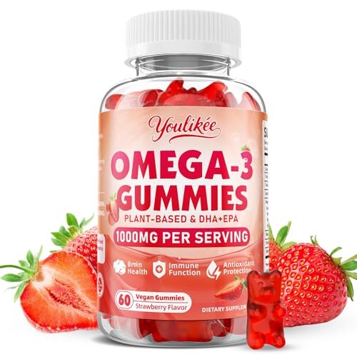 Vegane Omega-3 Gummies 1000mg – Pflanzliche Alternative zu Fischöl für Erwachsene, mit DHA 460mg & EPA 230mg, Vitamin A, C, E – Zuckerfrei, Erdbeergeschmack, 60 Stück