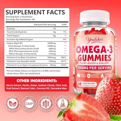 Vegane Omega-3 Gummies 1000mg – Pflanzliche Alternative zu Fischöl für Erwachsene, mit DHA 460mg & EPA 230mg, Vitamin A, C, E – Zuckerfrei, Erdbeergeschmack, 60 Stück