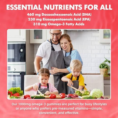 Vegane Omega-3 Gummies 1000mg – Pflanzliche Alternative zu Fischöl für Erwachsene, mit DHA 460mg & EPA 230mg, Vitamin A, C, E – Zuckerfrei, Erdbeergeschmack, 60 Stück