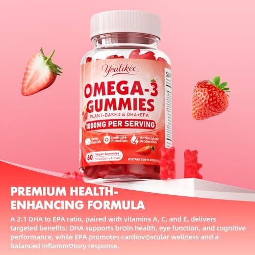 Vegane Omega-3 Gummies 1000mg – Pflanzliche Alternative zu Fischöl für Erwachsene, mit DHA 460mg & EPA 230mg, Vitamin A, C, E – Zuckerfrei, Erdbeergeschmack, 60 Stück