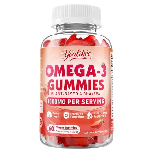 Vegane Omega-3 Gummies 1000mg – Pflanzliche Alternative zu Fischöl für Erwachsene, mit DHA 460mg & EPA 230mg, Vitamin A, C, E – Zuckerfrei, Erdbeergeschmack, 60 Stück