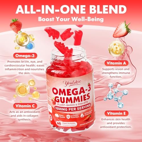 Vegane Omega-3 Gummies 1000mg – Pflanzliche Alternative zu Fischöl für Erwachsene, mit DHA 460mg & EPA 230mg, Vitamin A, C, E – Zuckerfrei, Erdbeergeschmack, 60 Stück