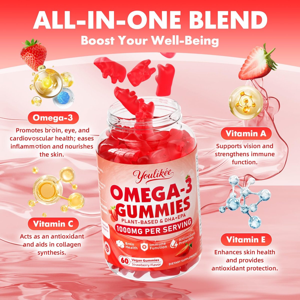 Vegane Omega-3 Gummies 1000mg – Pflanzliche Alternative zu Fischöl für Erwachsene, mit DHA 460mg & EPA 230mg, Vitamin A, C, E – Zuckerfrei, Erdbeergeschmack, 60 Stück