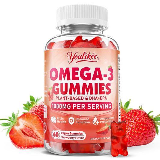 Vegane Omega-3 Gummies 1000mg – Pflanzliche Alternative zu Fischöl für Erwachsene, mit DHA 460mg & EPA 230mg, Vitamin A, C, E – Zuckerfrei, Erdbeergeschmack, 60 Stück