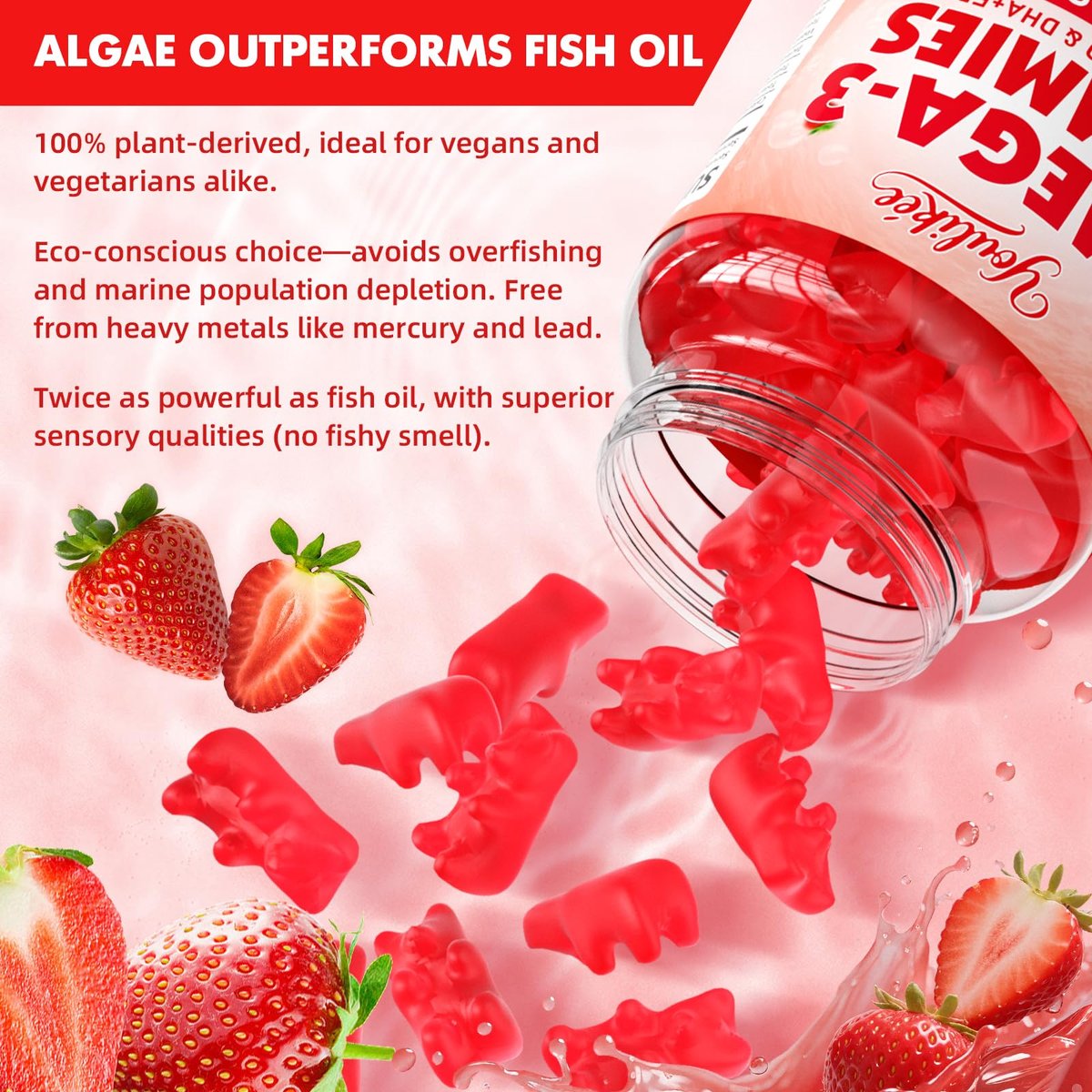 Vegane Omega-3 Gummies 1000mg – Pflanzliche Alternative zu Fischöl für Erwachsene, mit DHA 460mg & EPA 230mg, Vitamin A, C, E – Zuckerfrei, Erdbeergeschmack, 60 Stück