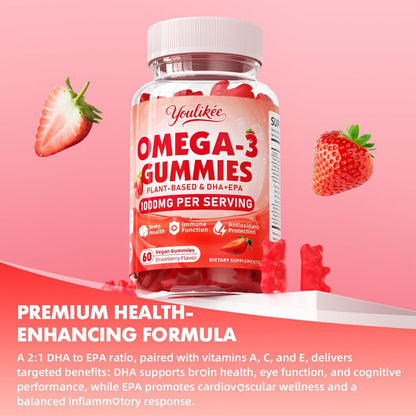 Vegane Omega-3 Gummies 1000mg – Pflanzliche Alternative zu Fischöl für Erwachsene, mit DHA 460mg & EPA 230mg, Vitamin A, C, E – Zuckerfrei, Erdbeergeschmack, 60 Stück