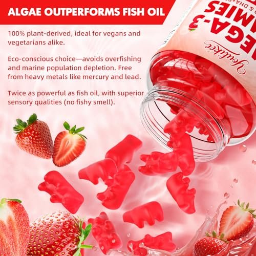 Vegane Omega-3 Gummies 1000mg – Pflanzliche Alternative zu Fischöl für Erwachsene, mit DHA 460mg & EPA 230mg, Vitamin A, C, E – Zuckerfrei, Erdbeergeschmack, 60 Stück