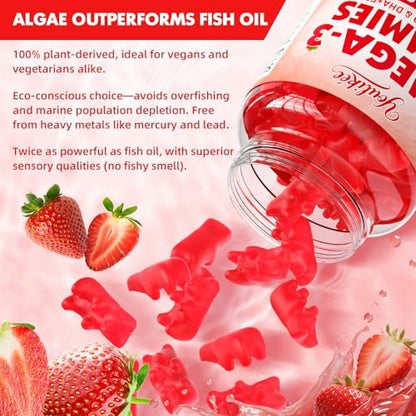 Vegane Omega-3 Gummies 1000mg – Pflanzliche Alternative zu Fischöl für Erwachsene, mit DHA 460mg & EPA 230mg, Vitamin A, C, E – Zuckerfrei, Erdbeergeschmack, 60 Stück