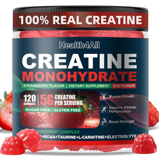 Health4All Creatin-Monohydrat-Gummis 5g für Männer & Frauen, Creatin-Gummies für Kraft, Energie & Muskelwachstum – Pre-Workout-Ergänzung, Erdbeergeschmack, 120 Gummis