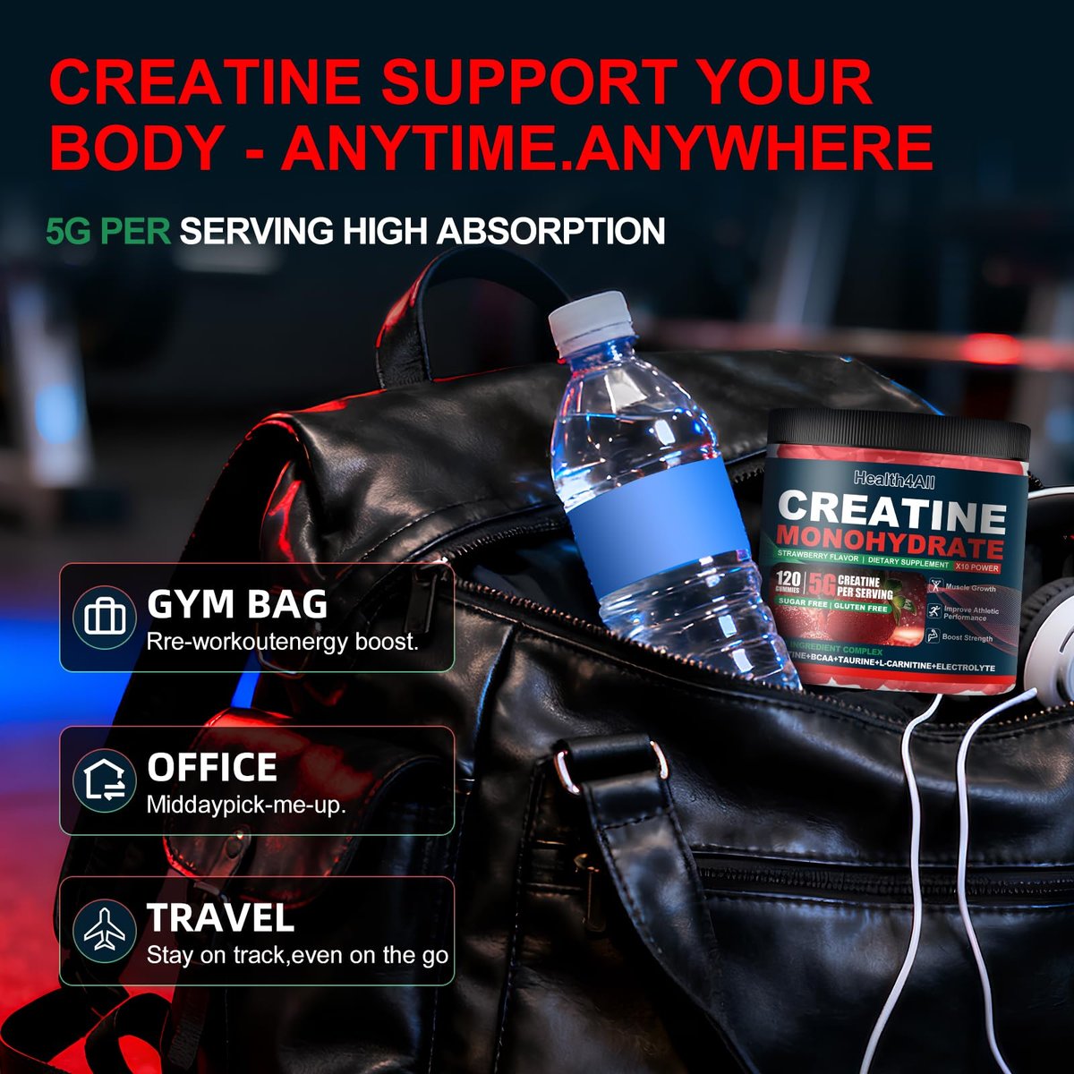 Health4All Creatin-Monohydrat-Gummis 5g für Männer & Frauen, Creatin-Gummies für Kraft, Energie & Muskelwachstum – Pre-Workout-Ergänzung, Erdbeergeschmack, 120 Gummis