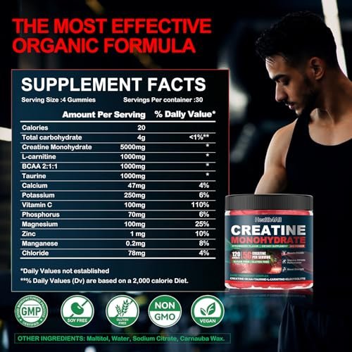 Health4All Creatin-Monohydrat-Gummis 5g für Männer & Frauen, Creatin-Gummies für Kraft, Energie & Muskelwachstum – Pre-Workout-Ergänzung, Erdbeergeschmack, 120 Gummis