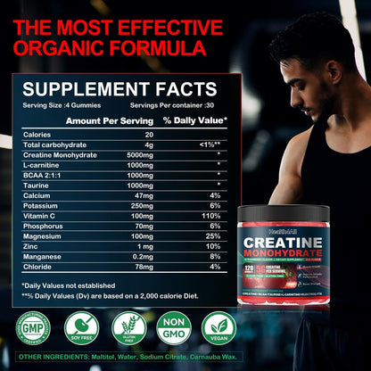 Health4All Creatin-Monohydrat-Gummis 5g für Männer & Frauen, Creatin-Gummies für Kraft, Energie & Muskelwachstum – Pre-Workout-Ergänzung, Erdbeergeschmack, 120 Gummis