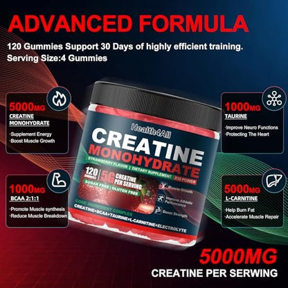 Health4All Creatin-Monohydrat-Gummis 5g für Männer & Frauen, Creatin-Gummies für Kraft, Energie & Muskelwachstum – Pre-Workout-Ergänzung, Erdbeergeschmack, 120 Gummis