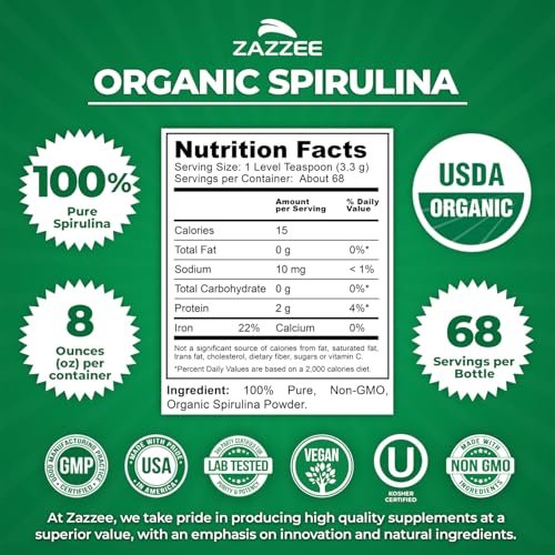 Zazzee USDA Bio Spirulina Pulver, 227 g, 68 Portionen, zertifiziert koscher, 100% rein, nicht bestrahlt, unkompliziertes Weithalsgefäß, frischer Geruch und neutraler Geschmack, nicht gentechnisch verändert, hergestellt in den USA