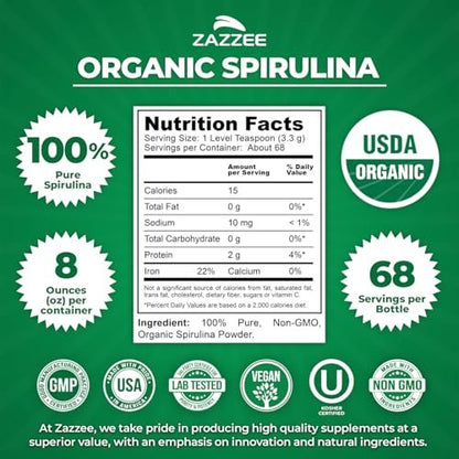 Zazzee USDA Bio Spirulina Pulver, 227 g, 68 Portionen, zertifiziert koscher, 100% rein, nicht bestrahlt, unkompliziertes Weithalsgefäß, frischer Geruch und neutraler Geschmack, nicht gentechnisch verändert, hergestellt in den USA