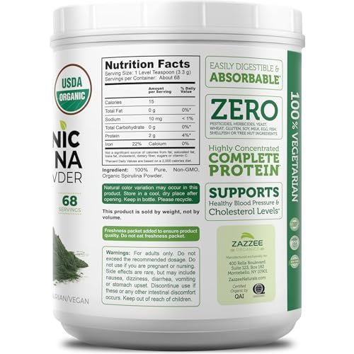 Zazzee USDA Bio Spirulina Pulver, 227 g, 68 Portionen, zertifiziert koscher, 100% rein, nicht bestrahlt, unkompliziertes Weithalsgefäß, frischer Geruch und neutraler Geschmack, nicht gentechnisch verändert, hergestellt in den USA