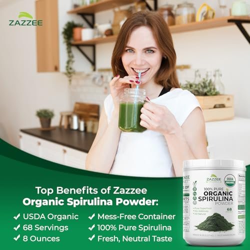 Zazzee USDA Bio Spirulina Pulver, 227 g, 68 Portionen, zertifiziert koscher, 100% rein, nicht bestrahlt, unkompliziertes Weithalsgefäß, frischer Geruch und neutraler Geschmack, nicht gentechnisch verändert, hergestellt in den USA