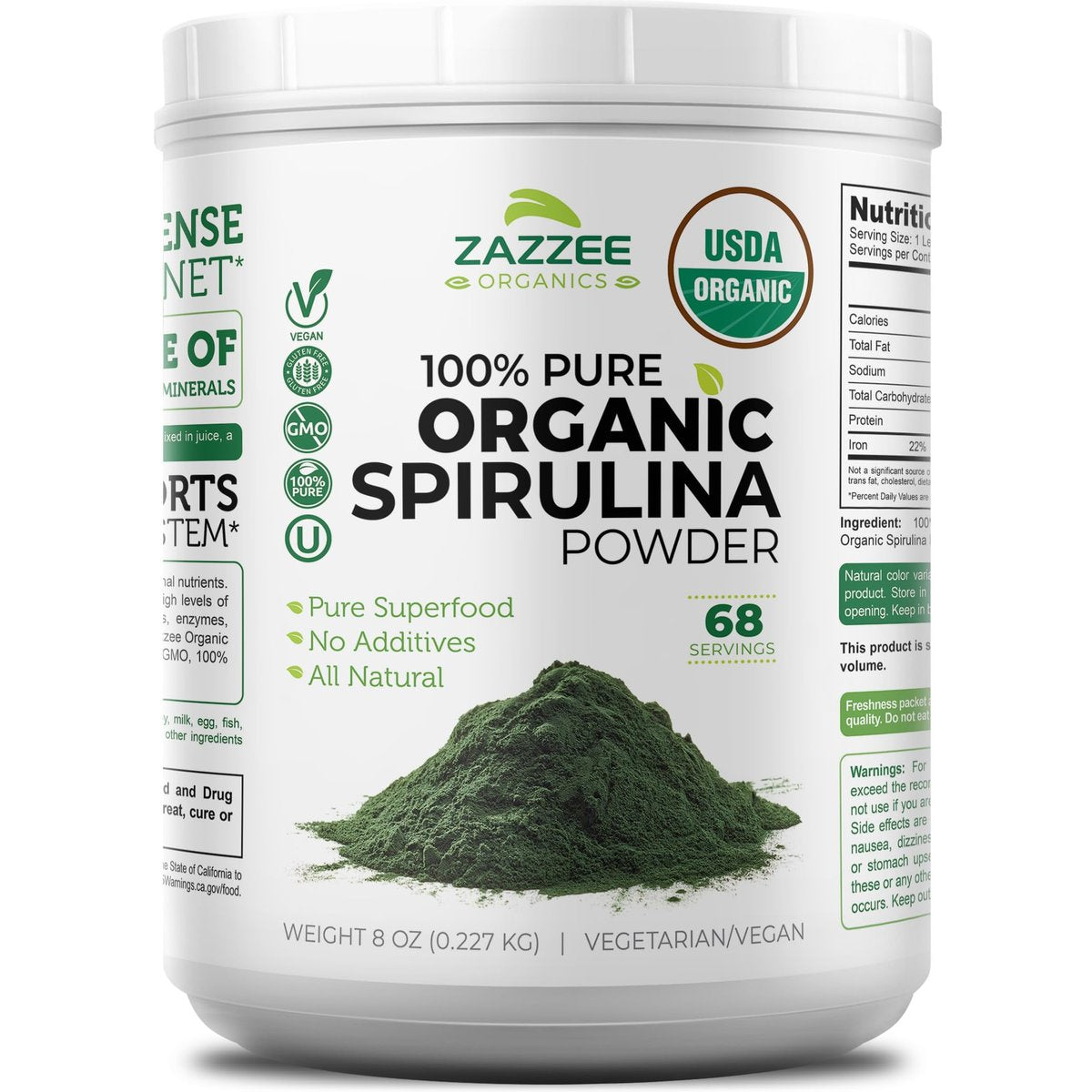 Zazzee USDA Bio Spirulina Pulver, 227 g, 68 Portionen, zertifiziert koscher, 100% rein, nicht bestrahlt, unkompliziertes Weithalsgefäß, frischer Geruch und neutraler Geschmack, nicht gentechnisch verändert, hergestellt in den USA