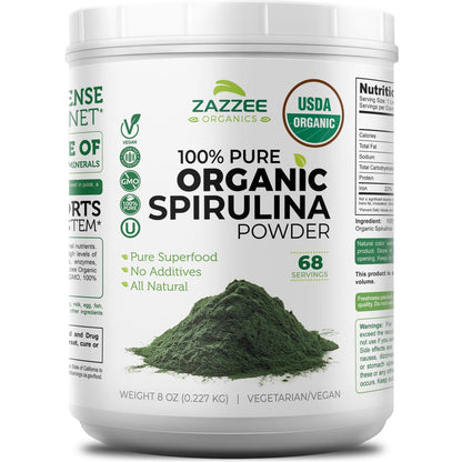Zazzee USDA Bio Spirulina Pulver, 227 g, 68 Portionen, zertifiziert koscher, 100% rein, nicht bestrahlt, unkompliziertes Weithalsgefäß, frischer Geruch und neutraler Geschmack, nicht gentechnisch verändert, hergestellt in den USA