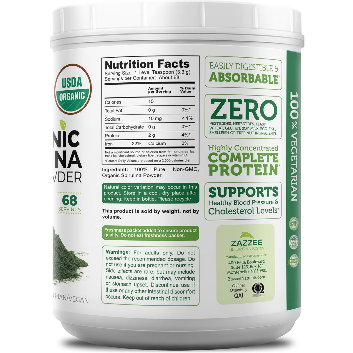 Zazzee USDA Bio Spirulina Pulver, 227 g, 68 Portionen, zertifiziert koscher, 100% rein, nicht bestrahlt, unkompliziertes Weithalsgefäß, frischer Geruch und neutraler Geschmack, nicht gentechnisch verändert, hergestellt in den USA