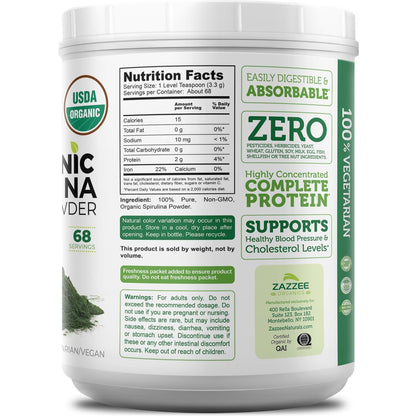 Zazzee USDA Bio Spirulina Pulver, 227 g, 68 Portionen, zertifiziert koscher, 100% rein, nicht bestrahlt, unkompliziertes Weithalsgefäß, frischer Geruch und neutraler Geschmack, nicht gentechnisch verändert, hergestellt in den USA