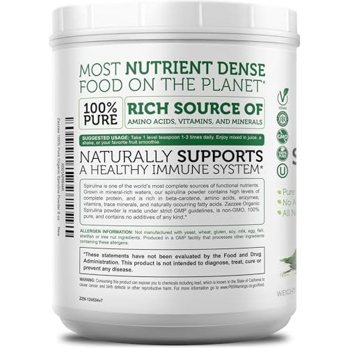 Zazzee USDA Bio Spirulina Pulver, 227 g, 68 Portionen, zertifiziert koscher, 100% rein, nicht bestrahlt, unkompliziertes Weithalsgefäß, frischer Geruch und neutraler Geschmack, nicht gentechnisch verändert, hergestellt in den USA