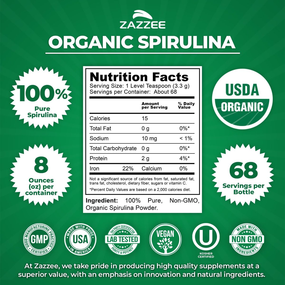 Zazzee USDA Bio Spirulina Pulver, 227 g, 68 Portionen, zertifiziert koscher, 100% rein, nicht bestrahlt, unkompliziertes Weithalsgefäß, frischer Geruch und neutraler Geschmack, nicht gentechnisch verändert, hergestellt in den USA