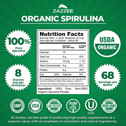 Zazzee USDA Bio Spirulina Pulver, 227 g, 68 Portionen, zertifiziert koscher, 100% rein, nicht bestrahlt, unkompliziertes Weithalsgefäß, frischer Geruch und neutraler Geschmack, nicht gentechnisch verändert, hergestellt in den USA