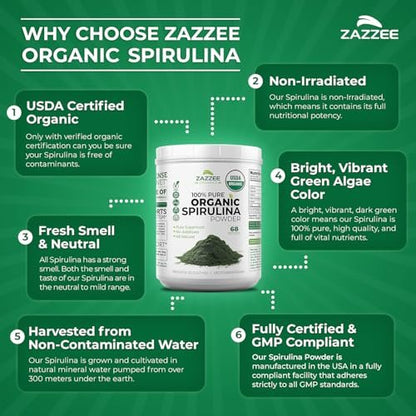 Zazzee USDA Bio Spirulina Pulver, 227 g, 68 Portionen, zertifiziert koscher, 100% rein, nicht bestrahlt, unkompliziertes Weithalsgefäß, frischer Geruch und neutraler Geschmack, nicht gentechnisch verändert, hergestellt in den USA