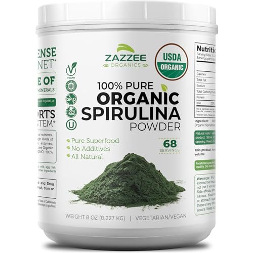 Zazzee USDA Bio Spirulina Pulver, 227 g, 68 Portionen, zertifiziert koscher, 100% rein, nicht bestrahlt, unkompliziertes Weithalsgefäß, frischer Geruch und neutraler Geschmack, nicht gentechnisch verändert, hergestellt in den USA