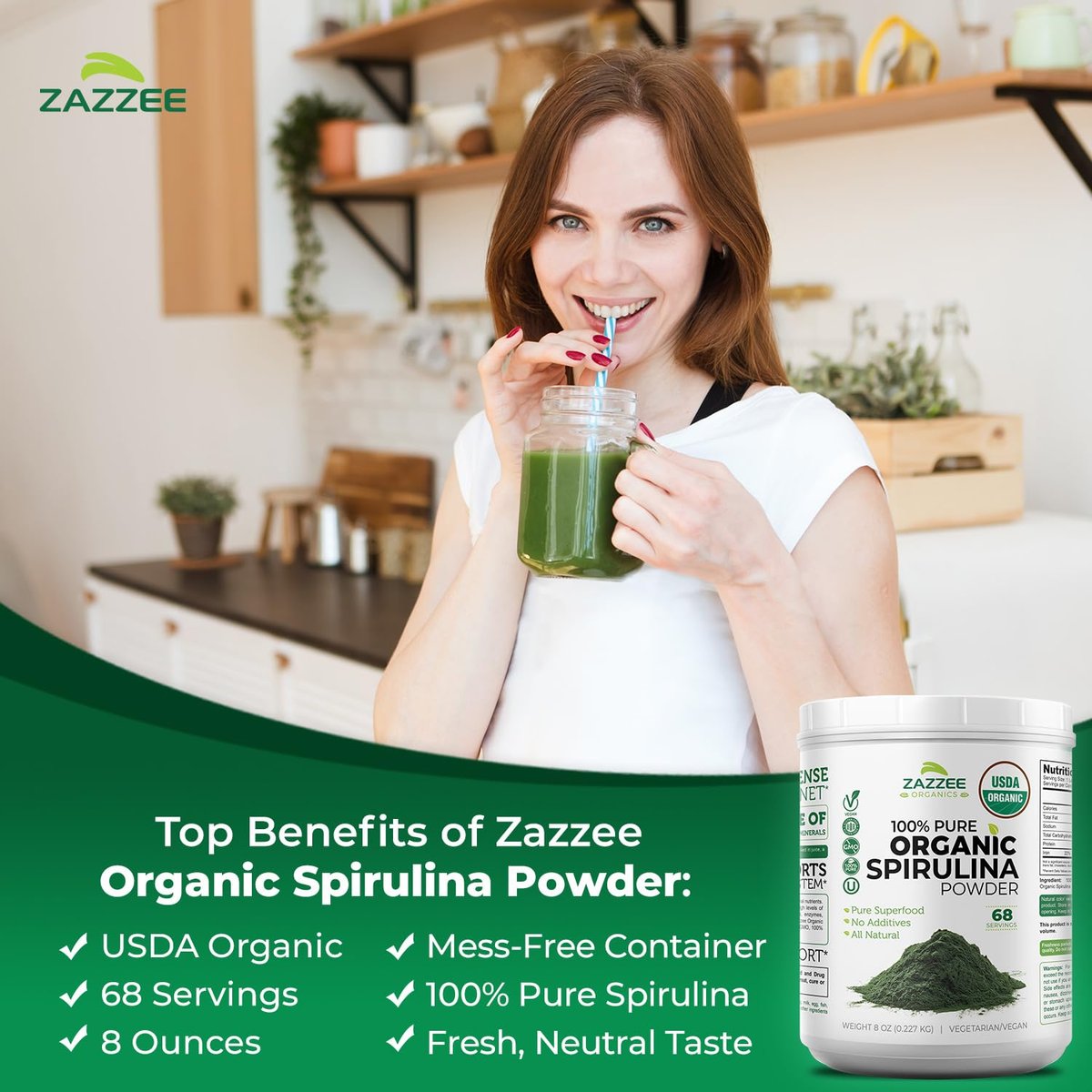 Zazzee USDA Bio Spirulina Pulver, 227 g, 68 Portionen, zertifiziert koscher, 100% rein, nicht bestrahlt, unkompliziertes Weithalsgefäß, frischer Geruch und neutraler Geschmack, nicht gentechnisch verändert, hergestellt in den USA