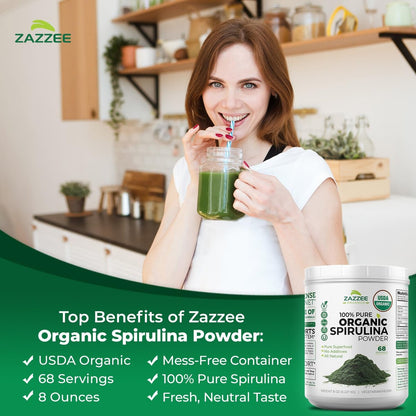 Zazzee USDA Bio Spirulina Pulver, 227 g, 68 Portionen, zertifiziert koscher, 100% rein, nicht bestrahlt, unkompliziertes Weithalsgefäß, frischer Geruch und neutraler Geschmack, nicht gentechnisch verändert, hergestellt in den USA