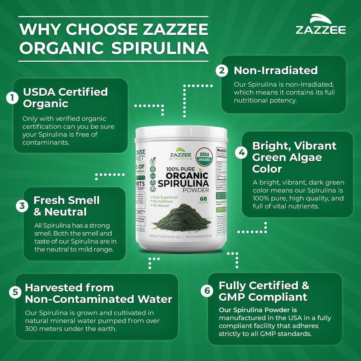 Zazzee USDA Bio Spirulina Pulver, 227 g, 68 Portionen, zertifiziert koscher, 100% rein, nicht bestrahlt, unkompliziertes Weithalsgefäß, frischer Geruch und neutraler Geschmack, nicht gentechnisch verändert, hergestellt in den USA