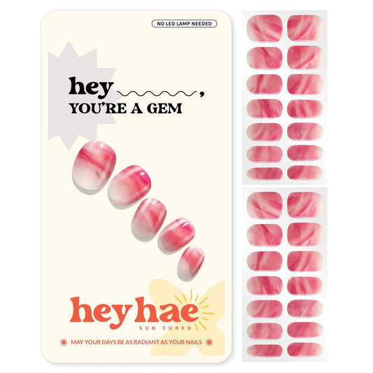 Heyhae Semi Cured Gel Nail Strips – Keine LED-Lampe nötig, Sommer-Marmor-Rot, einfaches Auftragen & Entfernen, Salonqualität, 28 Streifen, Vorbereitungspads, Nagelfeile & Holzstab – „Hey, You're A Gem“