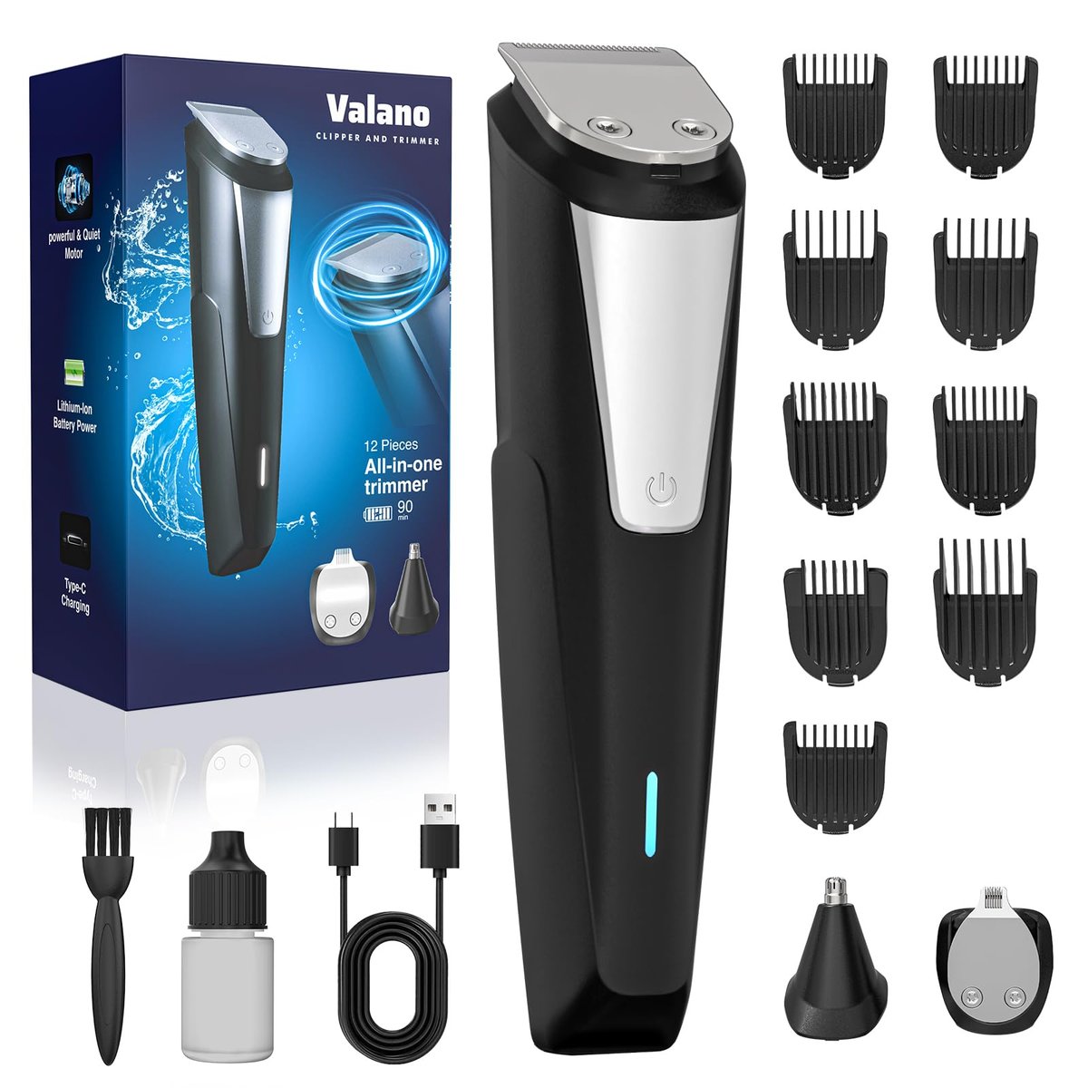 Valano Barttrimmer Haarschneider für Männer – All-in-One Selbstschärfender Elektrischer Kabelloser Wiederaufladbarer Schnurrbart-Pflegeset Geschenk für Ohren Nase Körper