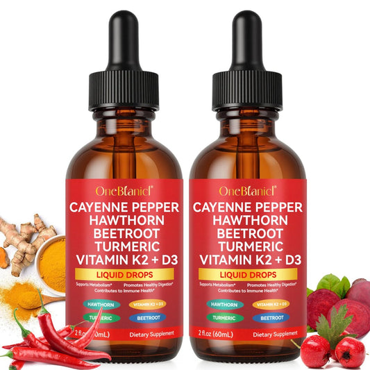 Cayenne Pfeffer Tropfen, Cayenne Pfeffer Weißdorn Rote Bete Kurkuma Vitamin K2 & D3 Flüssig Nahrungsergänzung, 2er-Pack